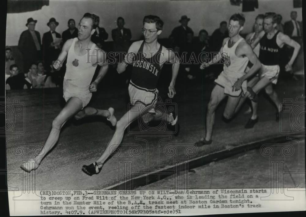 1951 Press Photo Don Gehrmann &amp; fellow runners, Hunter Mile, Boston Garden, MA- Historic Images