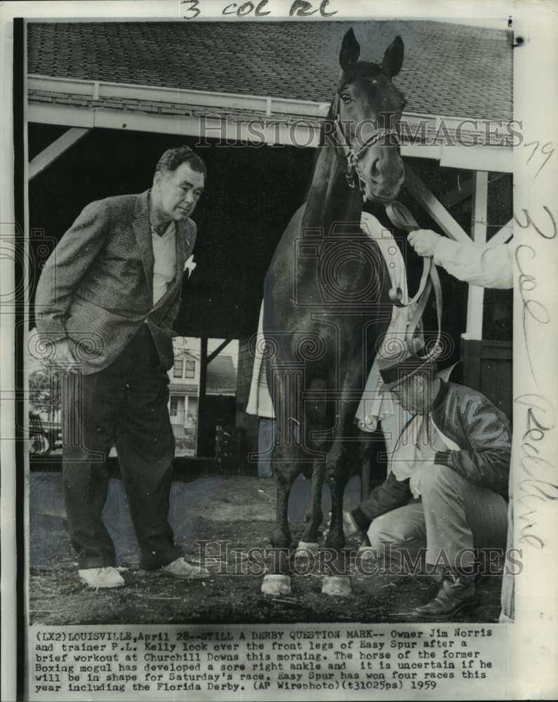 1959 Press Photo Jim Norris, P.L. Kelly &amp; horse &quot;Easy Spur&quot;, Louisville - Historic Images