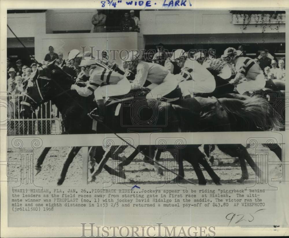 1968 Press Photo Jockeys &amp; racehorses at compete at Hialeah, Florida - pis08181 - Historic Images