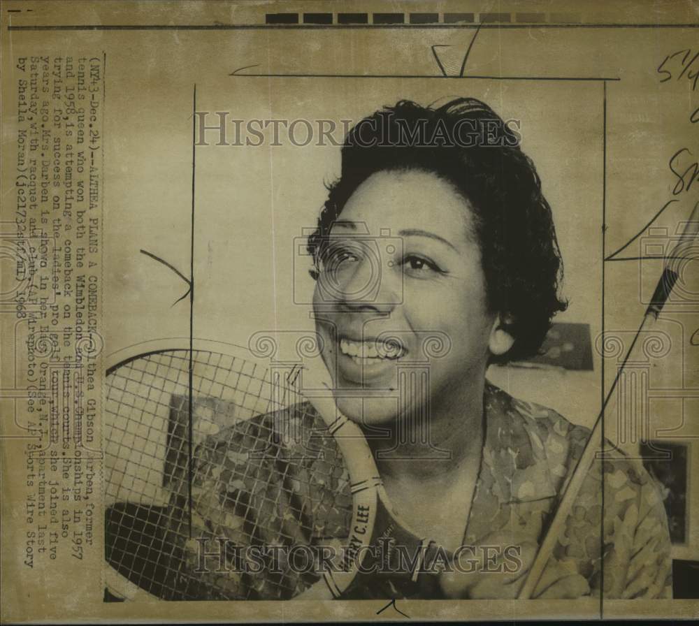 1968 Press Photo Tennis player Althea Gibson Darben, East Orange, New Jersey- Historic Images