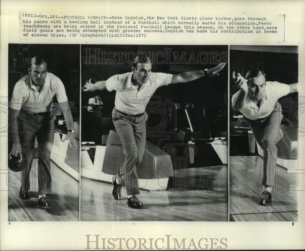 1973 Press Photo New York Giants football player Pete Gogolak shows bowling form- Historic Images