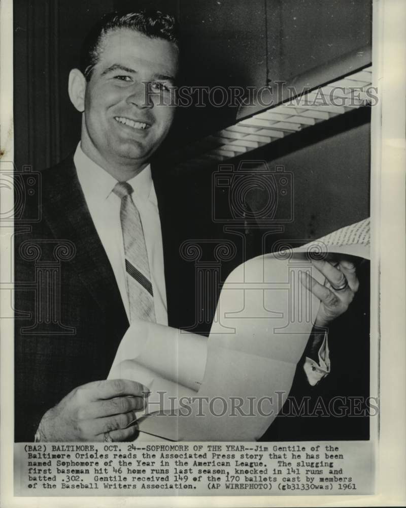 1961 Press Photo Baltimore Orioles&#39; Jim Gentile, &quot;Sophomore of the Year&quot;, MD- Historic Images