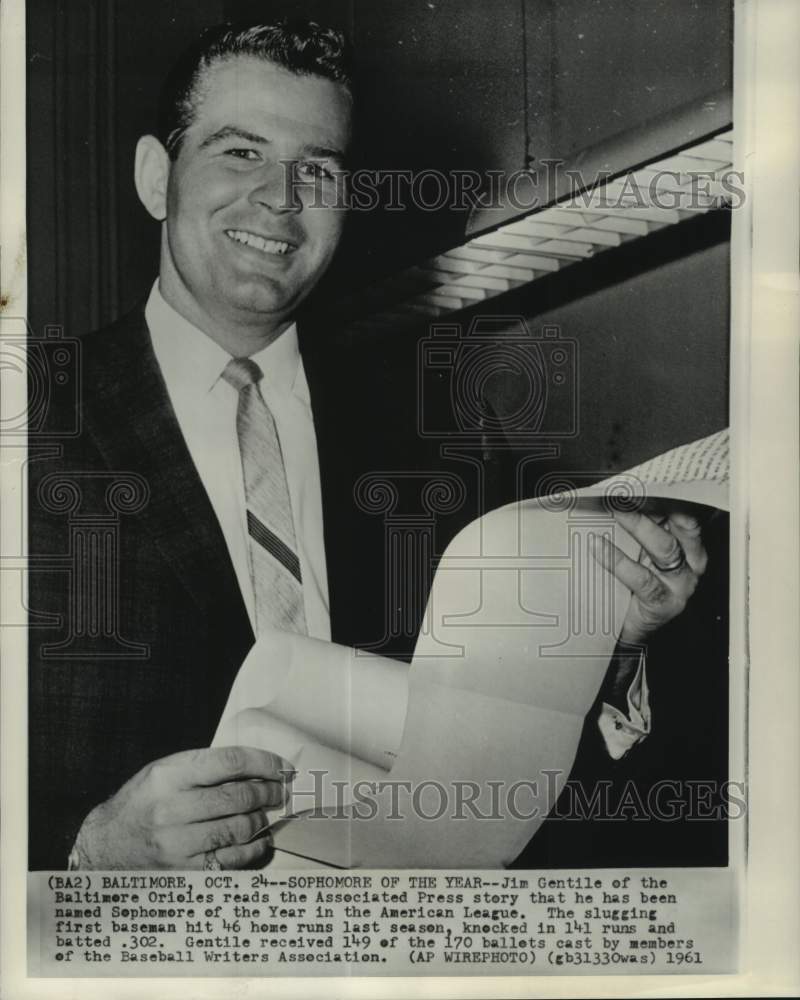 1961 Press Photo Baltimore Orioles' Jim Gentile, "Sophomore of the Year", MD- Historic Images