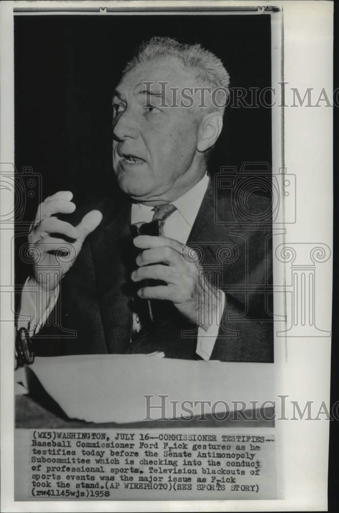 1958 Press Photo Baseball Commissioner Ford Frick testifies before Senate, DC - Historic Images