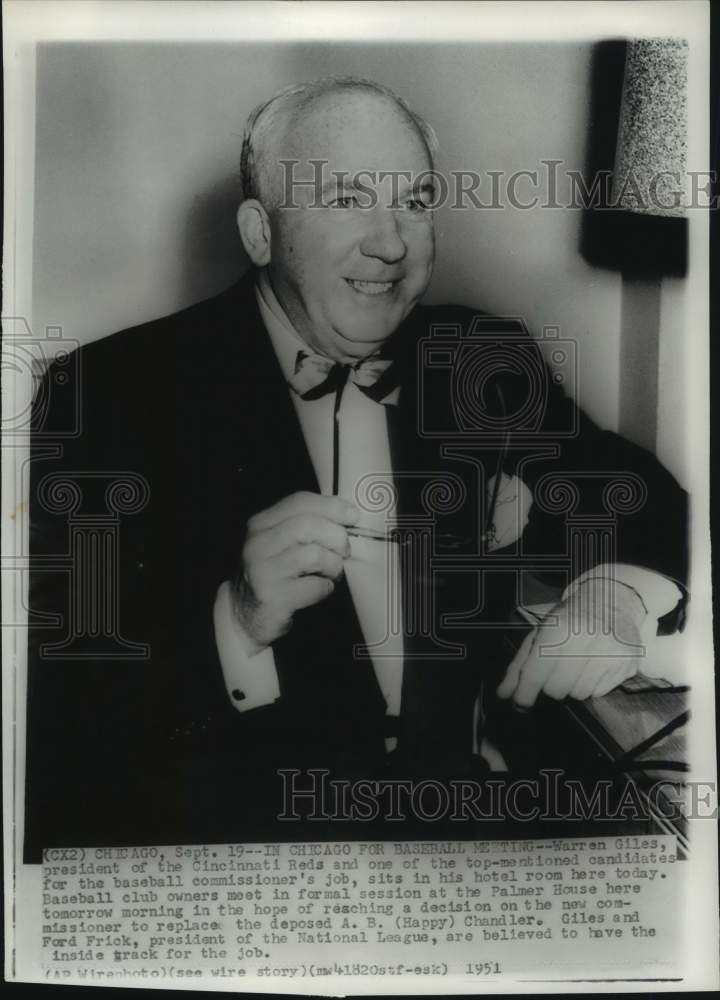 1951 Press Photo President of Cincinnati Reds Warren Giles, Chicago - pis08495 - Historic Images