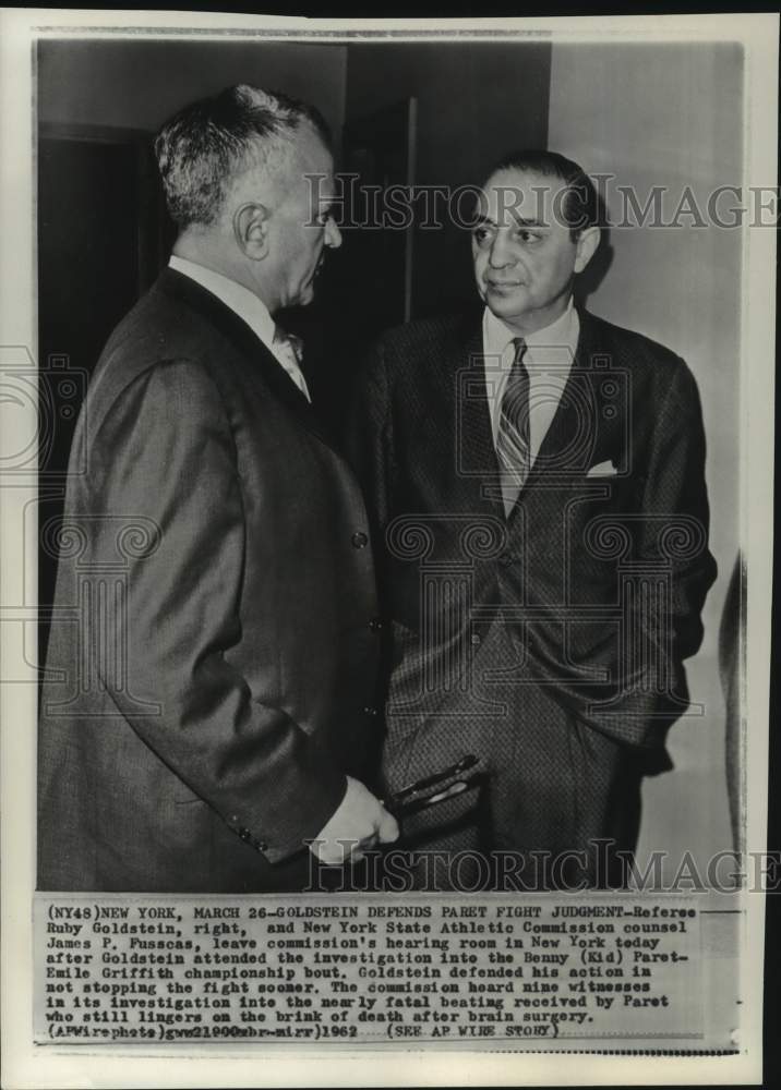 1962 Press Photo Referee Ruby Goldstein &amp; James P. Fusscas, New York - pis08510 - Historic Images