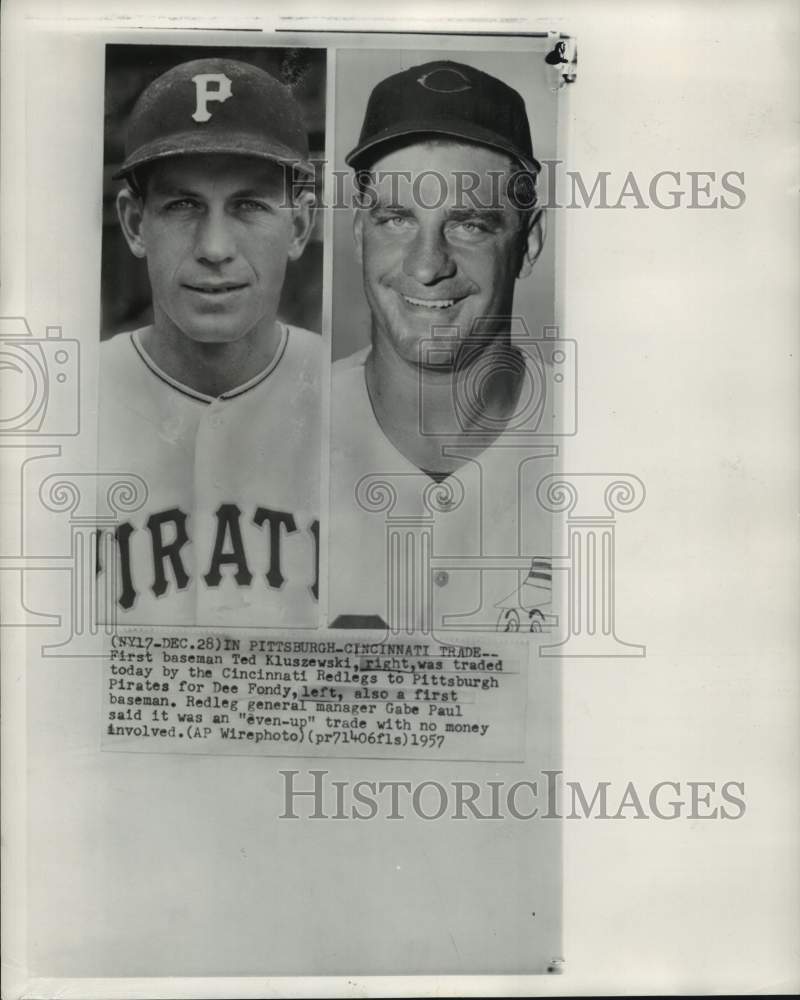 1957 Press Photo Pittsburgh Pirates Dee Fondy, Cincinnati Redlegs Ted Kluszewski - Historic Images