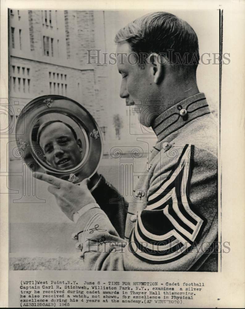 1965 Press Photo Cadet Carl R Stichweh with silver tray award, Football, NY - Historic Images