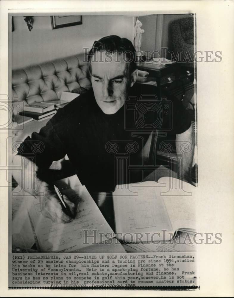 1965 Press Photo Golfer Frank Stranahan studies for masters degree, Philadelphia - Historic Images