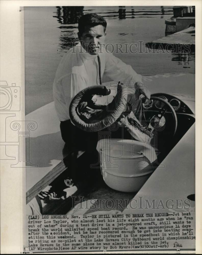 1964 Press Photo Jet Boat Racing Driver Lee Taylor In Championships Speedboat - Historic Images