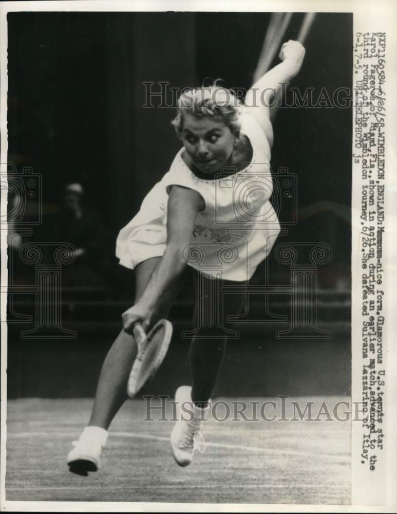 1958 Press Photo Tennis player Karol Fageros in Wimbledon tournament, England - Historic Images