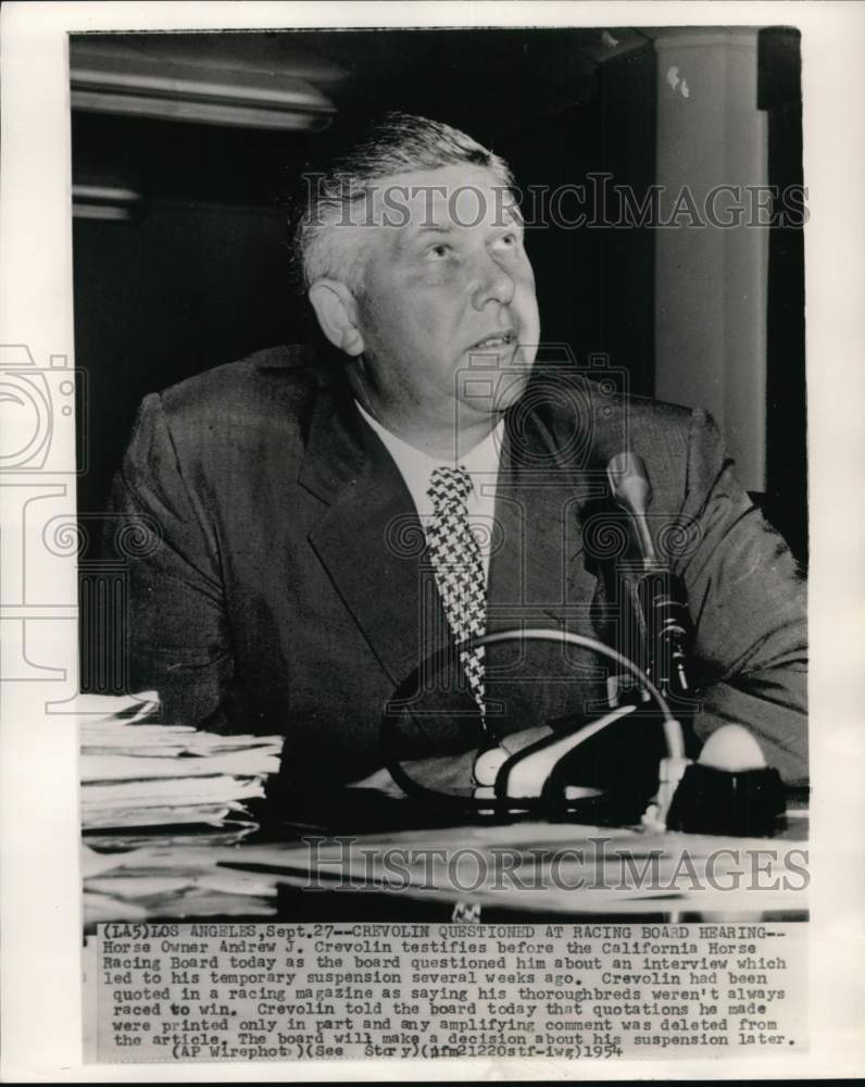 1954 Press Photo Horse Owner Andrew J. Crevolin before Horse Racing Board, CA - Historic Images