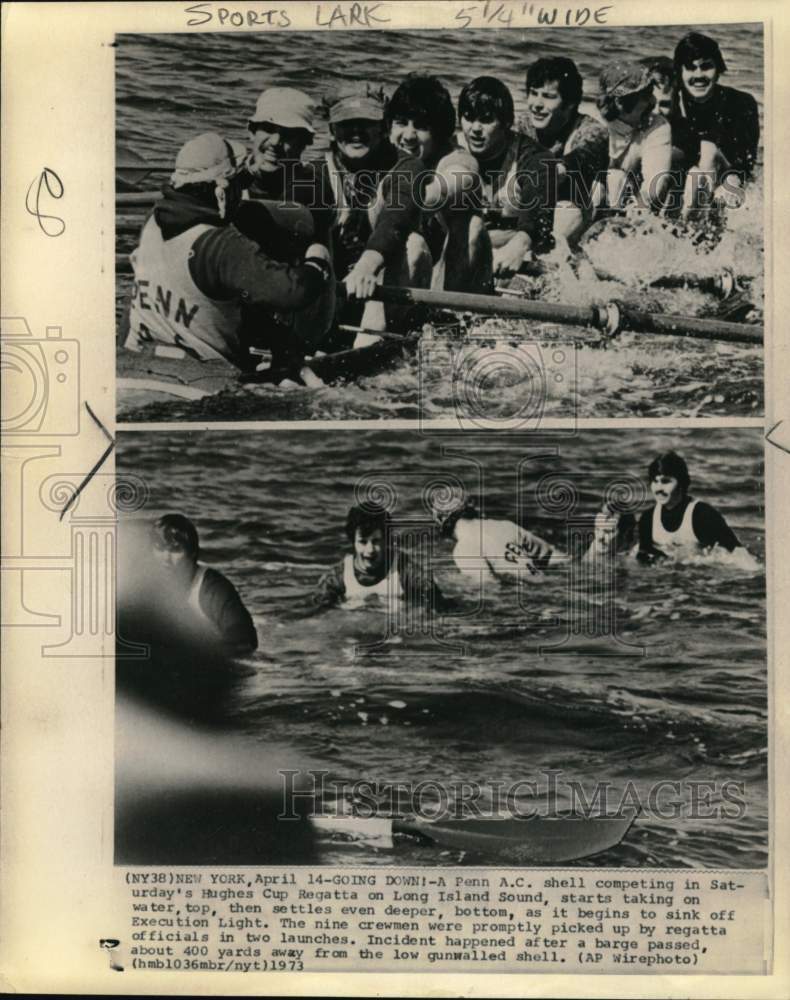 1973 Press Photo Penn AC shell sinks during Hughes Cup Regatta, New York- Historic Images