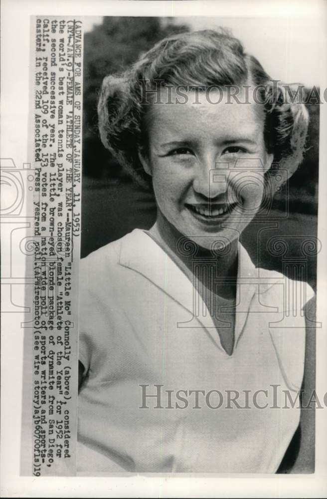 1953 Press Photo Tennis player Maureen Connolly, 1952 Female Athlete of the Year- Historic Images