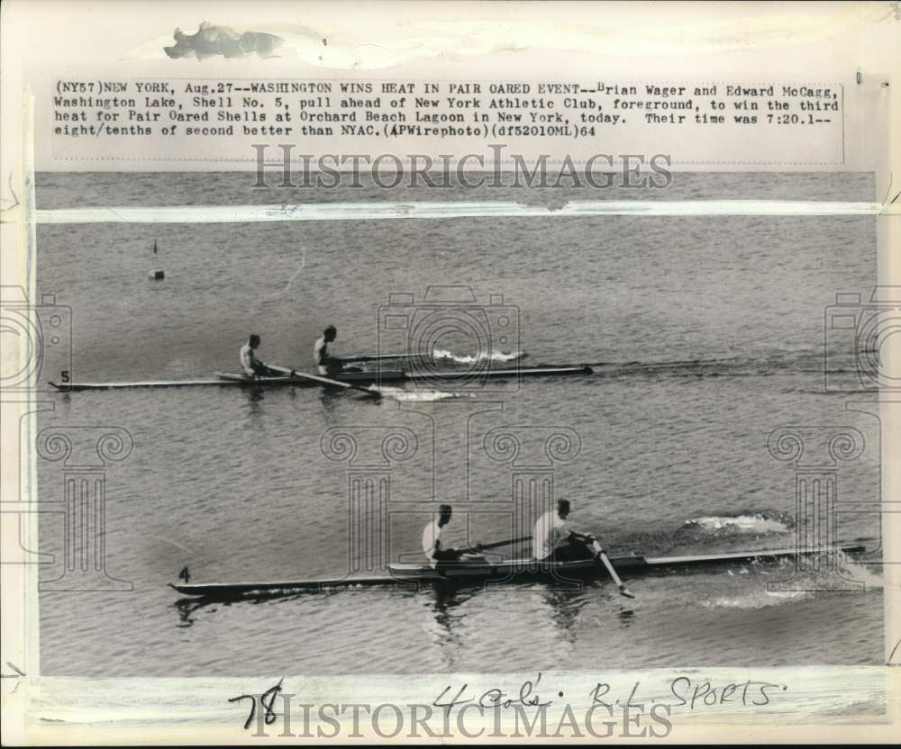 1964 Press Photo Brian Wager &amp; McCagg win Pair Oared Shells at Lake Washington - Historic Images