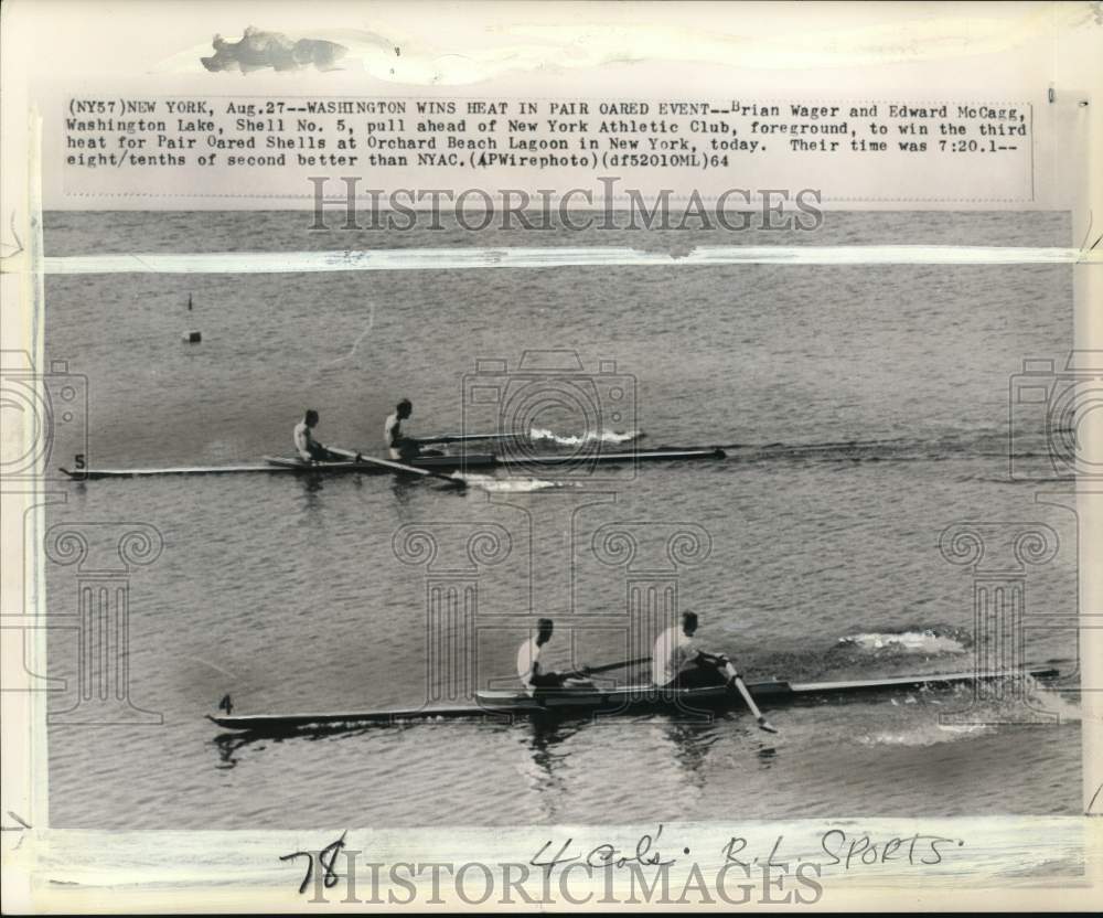 1964 Press Photo Brian Wager & McCagg win Pair Oared Shells at Lake Wa ...