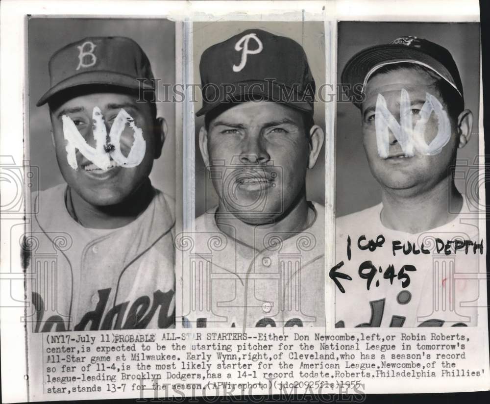 1955 Press Photo Star Baseball Hurlers Don Newcombe, Robin Roberts, Early Wynn - Historic Images