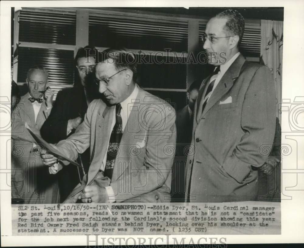 1950 Press Photo Cardinal Manager Eddie Dyer, Owner Fred Saigh, St. Louis Press- Historic Images