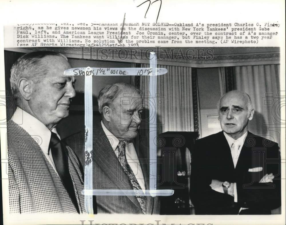 1973 Press Photo Baseball Presidents Charles O. Finley, Gabe Paul, Joe Cronin - Historic Images