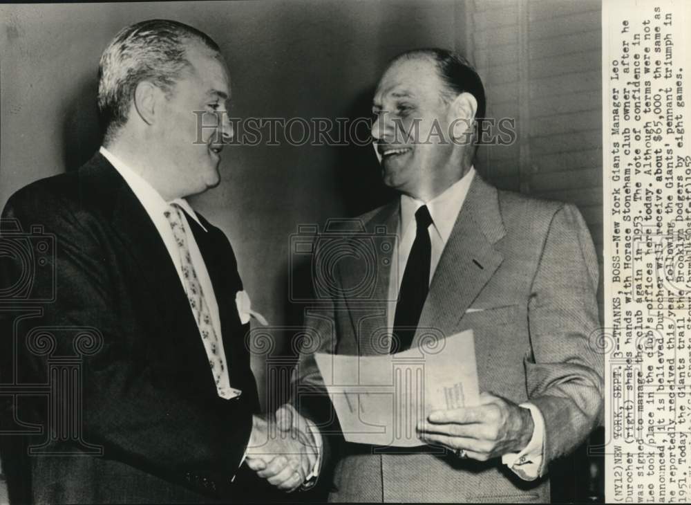 1952 Press Photo New York Giants Baseball Team&#39;s Horace Stoneham, Leo Durocher- Historic Images