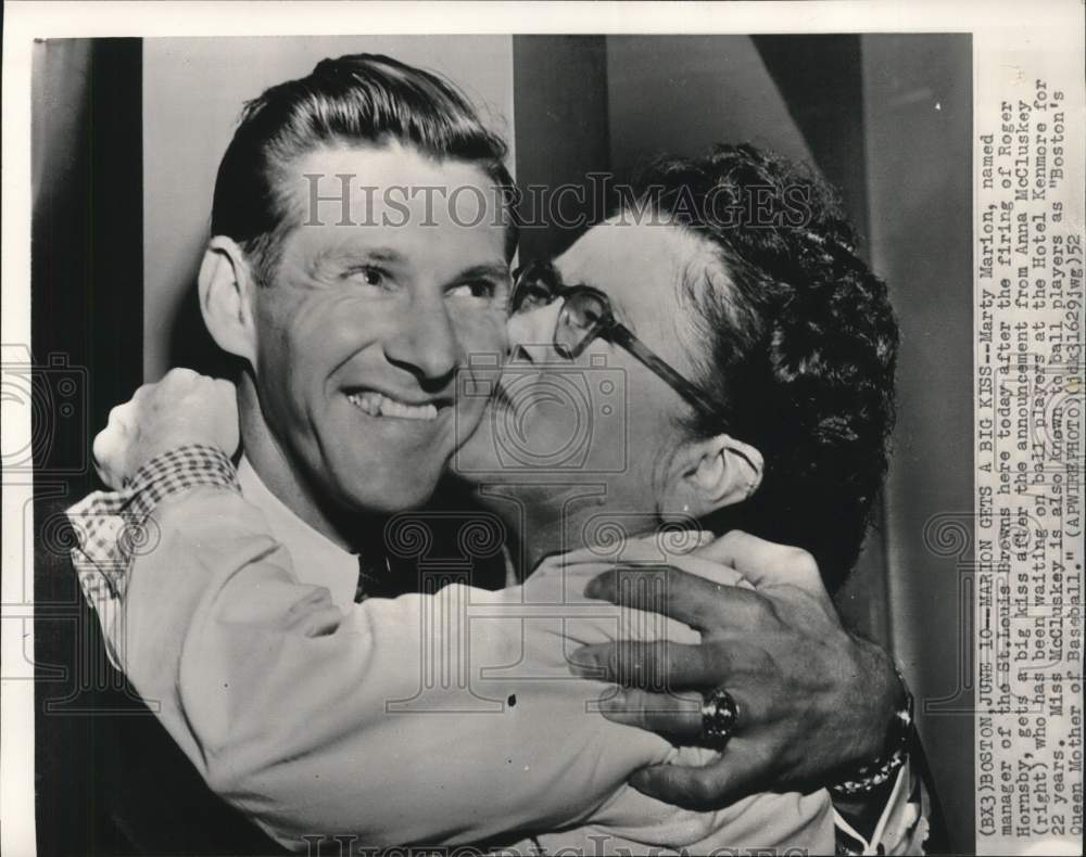 1952 Press Photo Browns Baseball Manager Marty Marion Kissed By Anna McCluskey - Historic Images