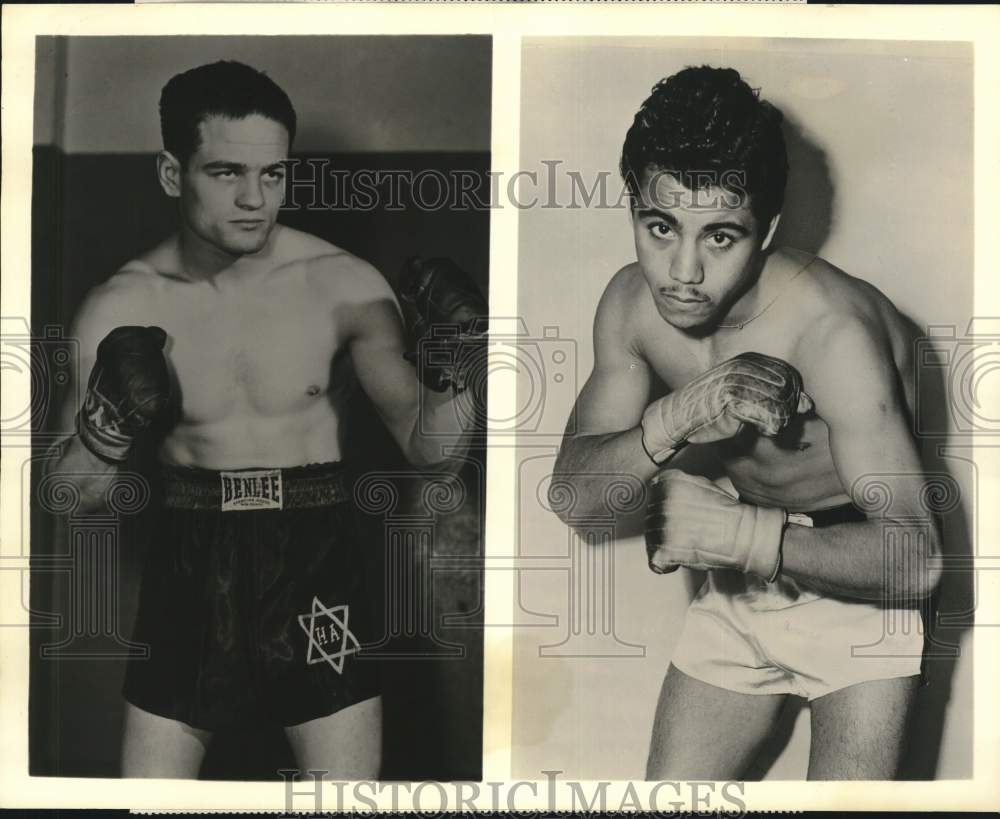 1957 Press Photo Boxers Alphonse Halimi And Raul Macias Before Los Angeles Fight - Historic Images