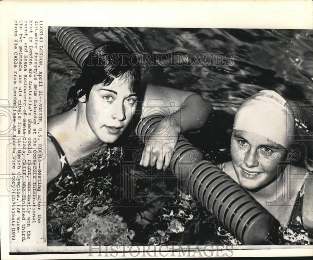 1973 Press Photo Swimmers Keena Rothhammer, Shane Gould At London World Meeting- Historic Images