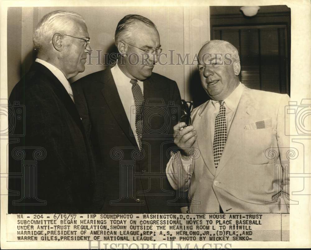 1957 Press Photo Baseball&#39;s Will Harridge, Warren Giles, Representative Herlong - Historic Images