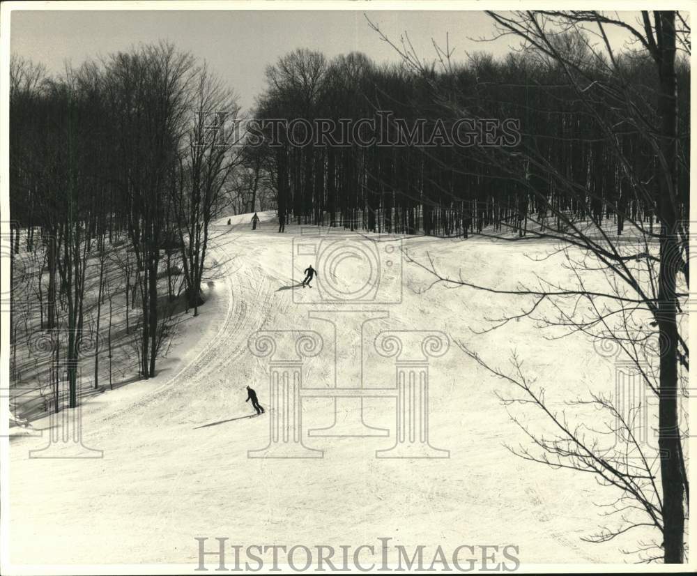 1976 Press Photo Four Skiers Hit The Broad Slopes Of A Quebec Alpine Resort - Historic Images