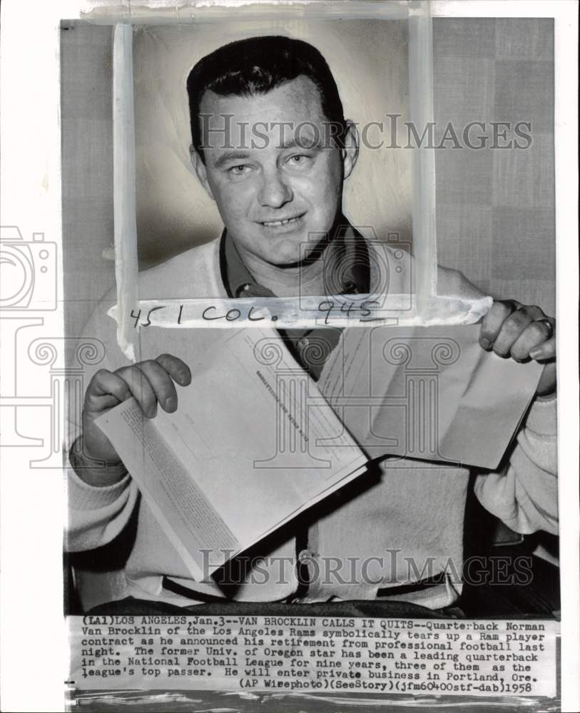 1958 Press Photo Football Quarterback Norman Van Brocklin Retires, Los Angeles - Historic Images