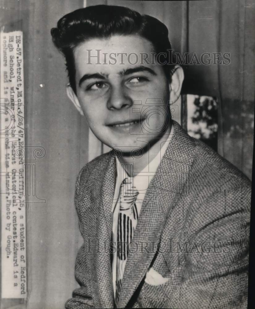 1947 Press Photo Edward Griffin wins Hearst Oratorical contest, Detroit, MI- Historic Images