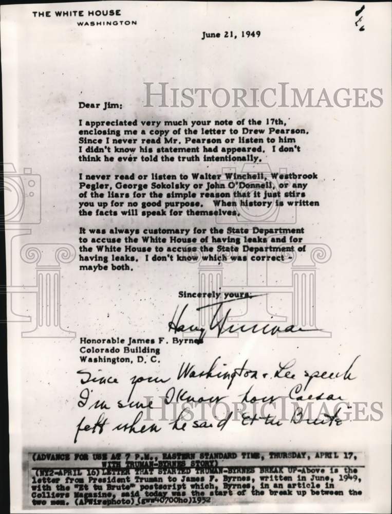 1952 President Truman&#39;s letter to James Byrnes - Historic Images
