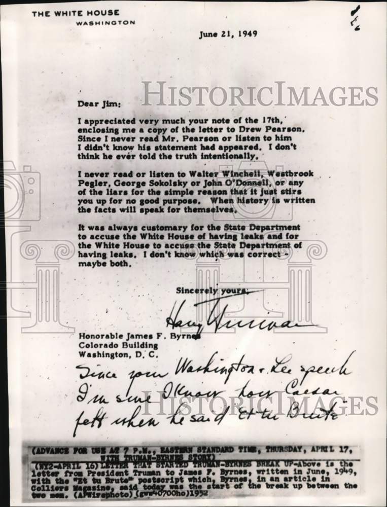 1952 President Truman's letter to James Byrnes - Historic Images