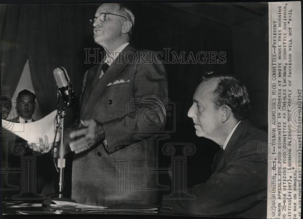 1947 President H S Truman speaking, food committee, Washington, DC - Historic Images