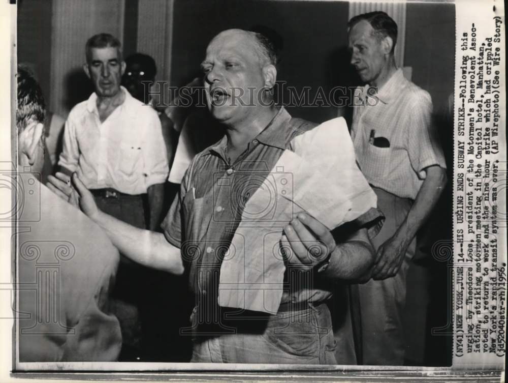 1956 Theodore Loos talking at striking motormen meeting, New York-Historic Images