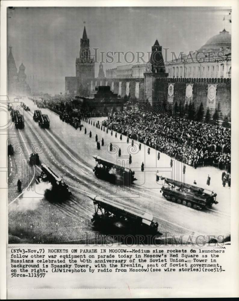 1957 Rockets on launchers on parade in Red Square, Moscow, Russia - Historic Images