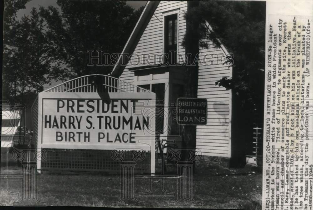 1946 A sign outside of President Harry Truman&#39;s birthplace, Missouri - Historic Images