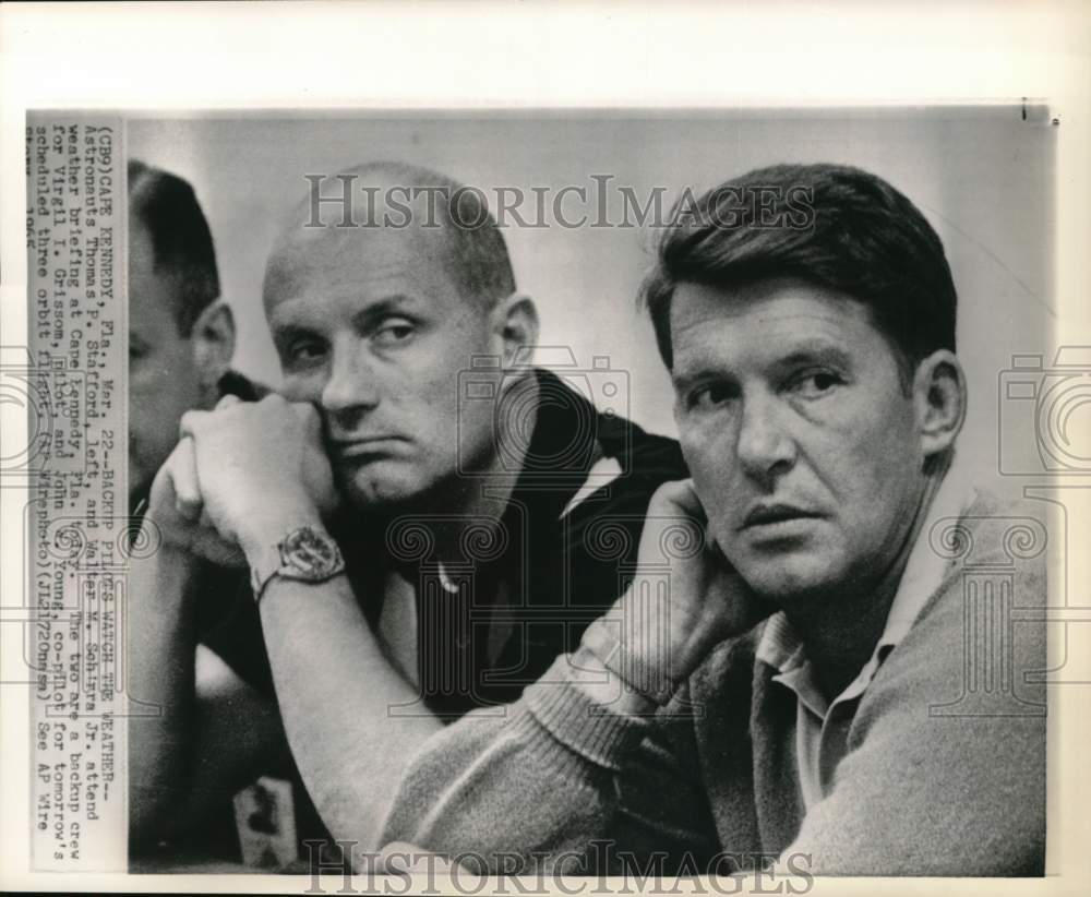 1965  Astronauts Stafford & Schirra attend weather briefing, Florida-Historic Images