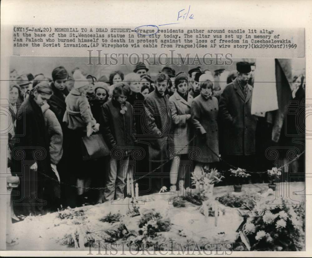 1969 People gather at an altar in memory of Jan Palach, Prague-Historic Images