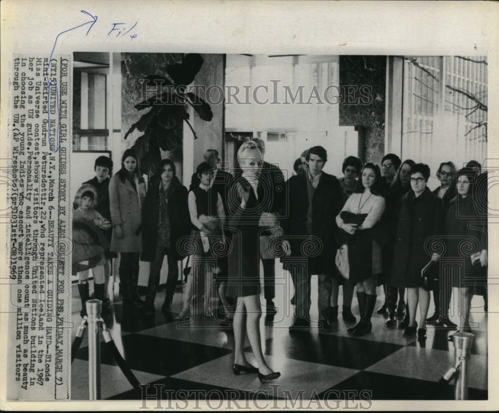 1969 United Nations guide Gudrun Petursdottir with visitors, NY-Historic Images
