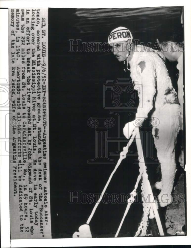 1952 Press Photo Argentine swimmer Antonio Abertondo aboard ship &quot;Buccaneer,&quot; MO - Historic Images