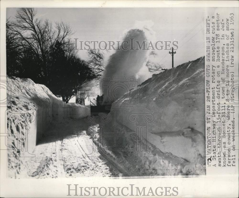 1963 Press Photo Rotary snowplow truck clearing a road in Watertown, New York - Historic Images