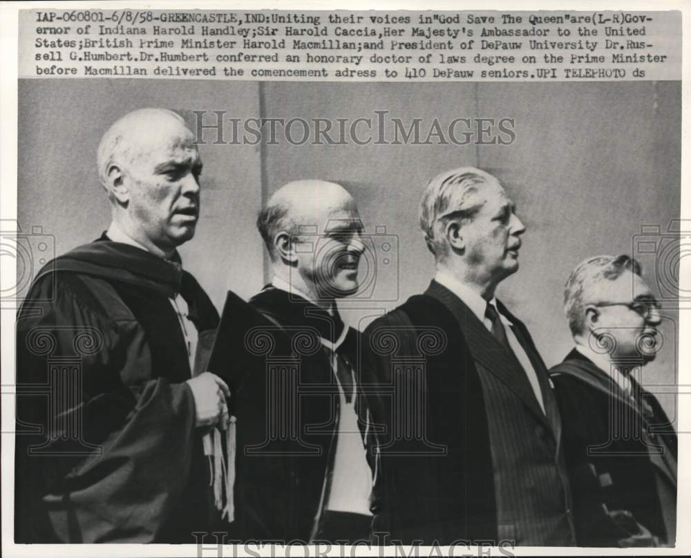 1958 Press Photo Harold Macmillan &amp; officials sing &quot;God Save the Queen&quot; in IN- Historic Images