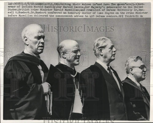 1958 Press Photo Harold Macmillan & officials sing 