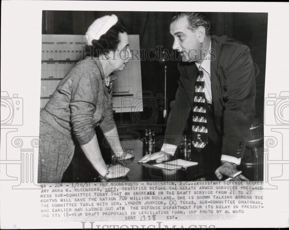 1951 Press Photo Senator Lyndon Johnson, Defense Department&#39;s Anna Rosenberg, DC- Historic Images