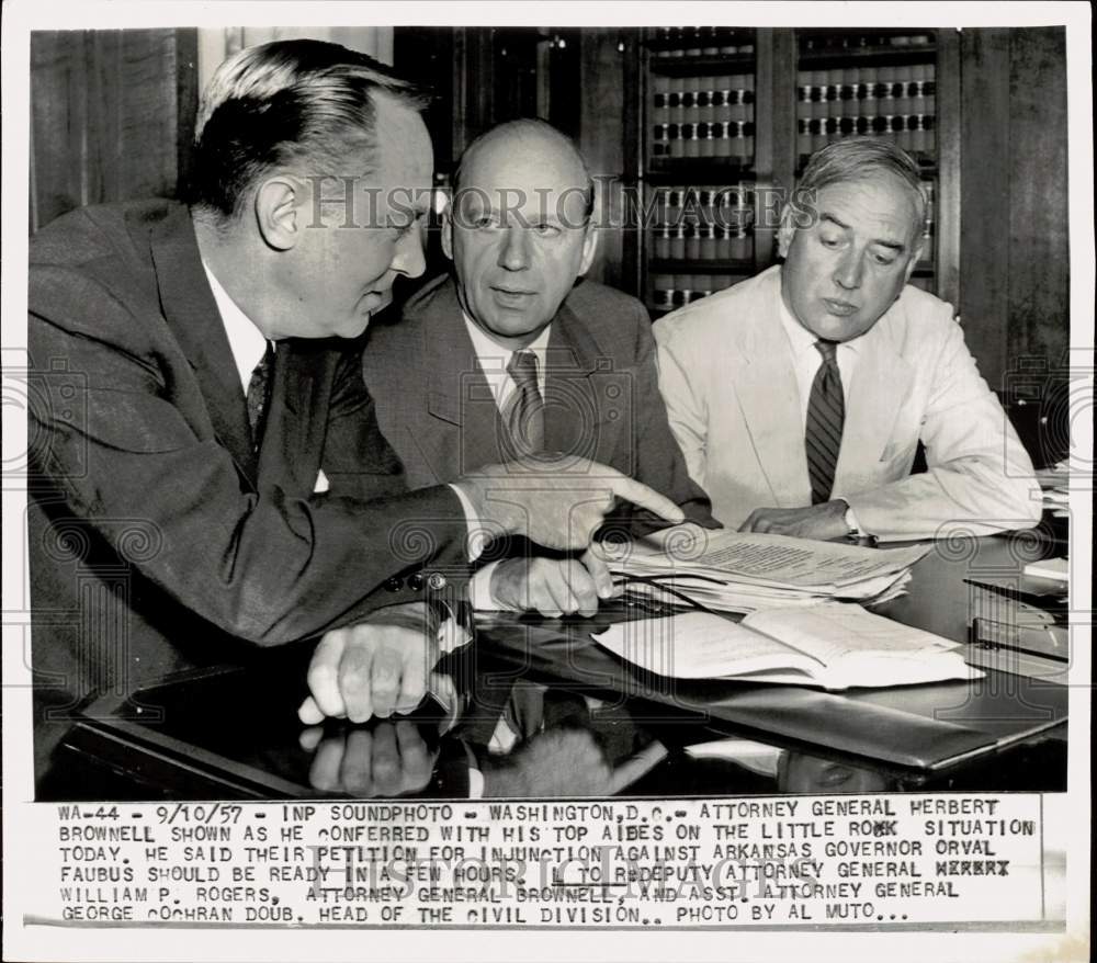 1957 Press Photo Attorneys William Rogers, Herbert Brownell &amp; George Doub in DC - Historic Images