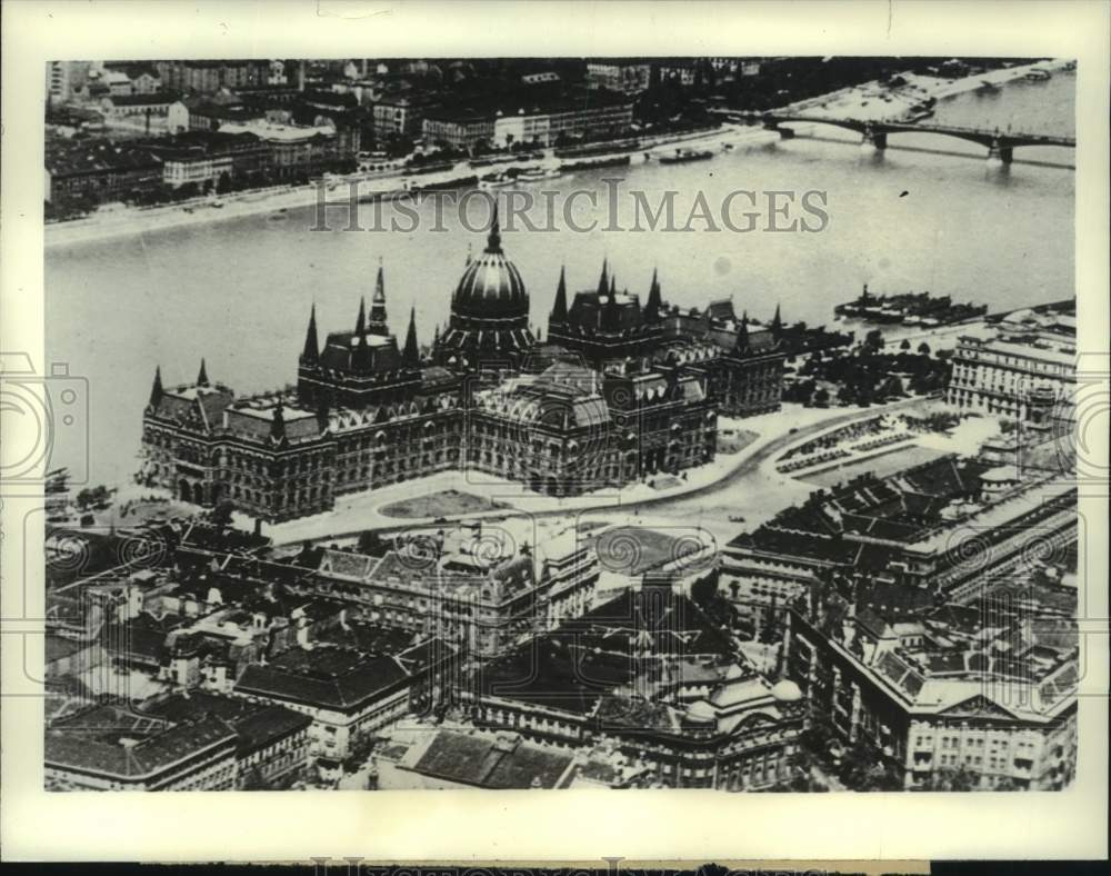 1956 Aerial view of Hungarian House of Parliament &amp; Blue Danube-Historic Images