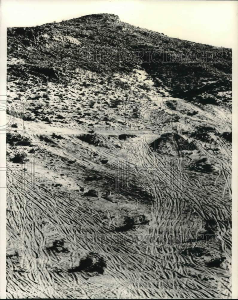 1977 Tracks of vehicles damaged a hillside in California desert - Historic Images