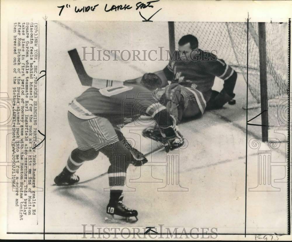 1966 Press Photo NY Rangers&#39; Ed Giacomin &amp; Earl Ingarfield, game against Bruins - Historic Images