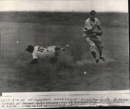 1949 Press Photo Phil Rizzuto's action during baseball game at Yankee Stadium - Historic Images